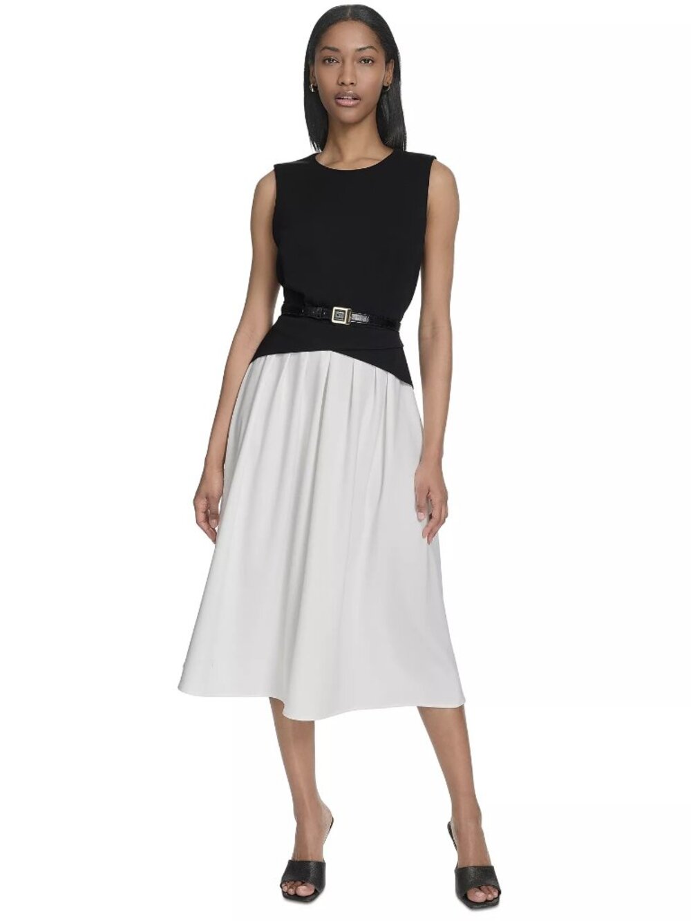 Halston Women's Sleeveless Split-Color Flared Midi Dress Black Cream Size 14